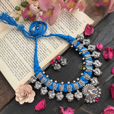 Vriksham Designer Peacock Motif Oxidized Silver & Blue Beaded Neckpiece-Red-S1057